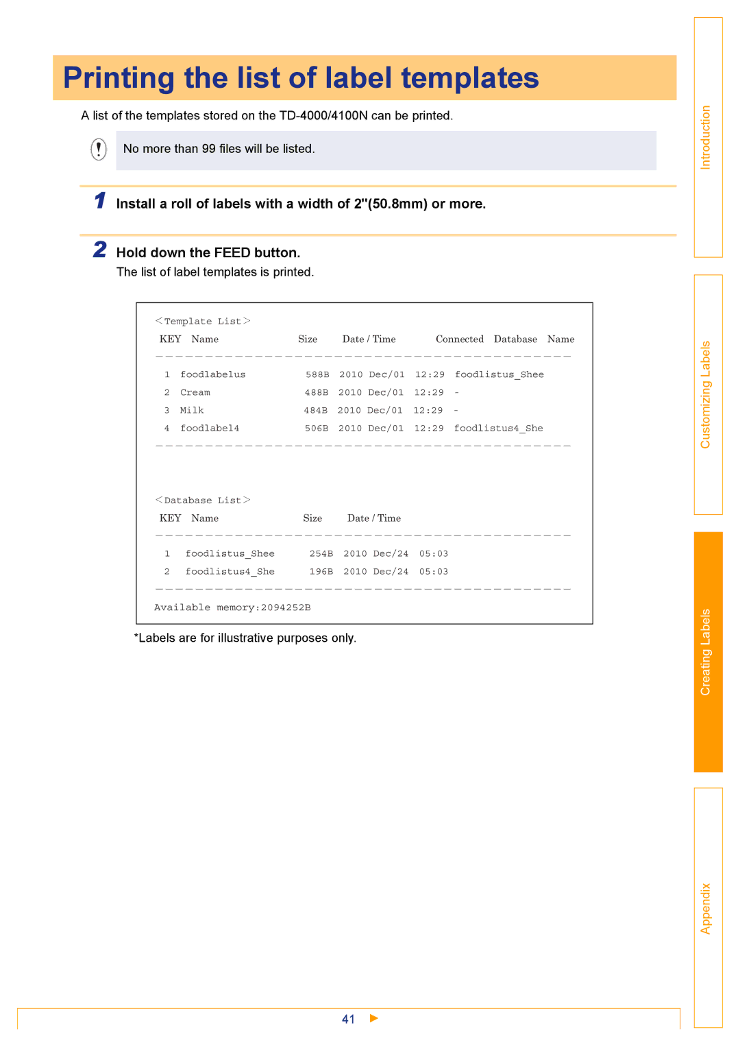 Brother TD-4000 appendix Printing the list of label templates, List of label templates is printed 