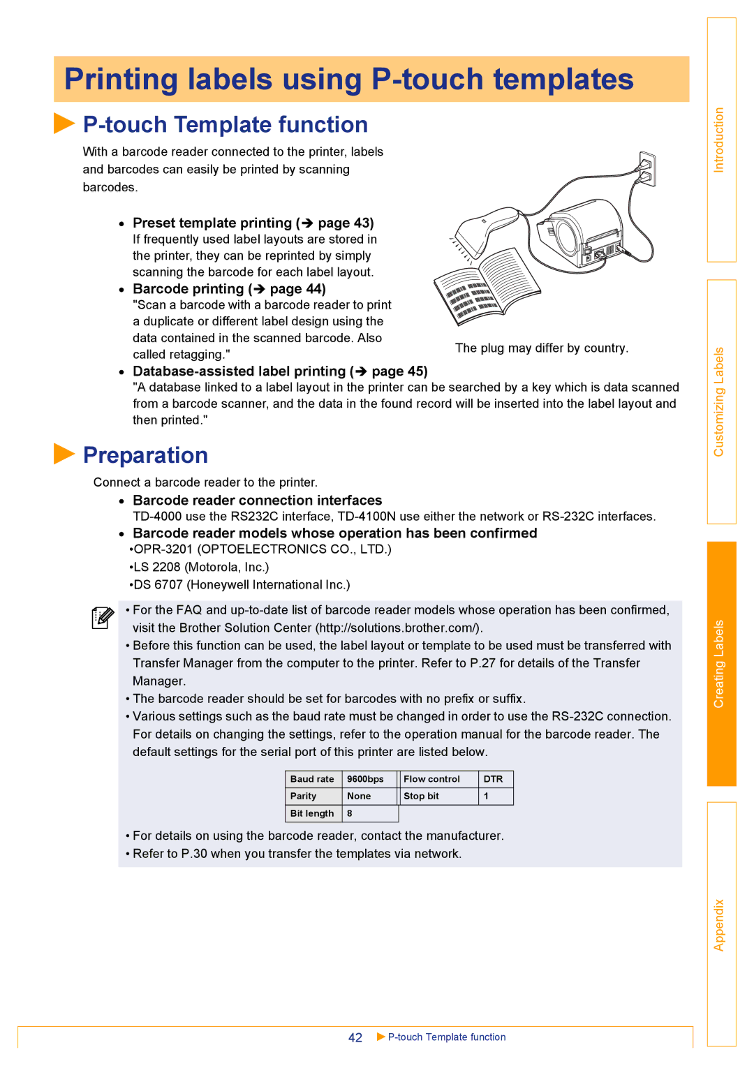 Brother TD-4000 appendix Printing labels using P-touch templates, Touch Template function, Preparation 