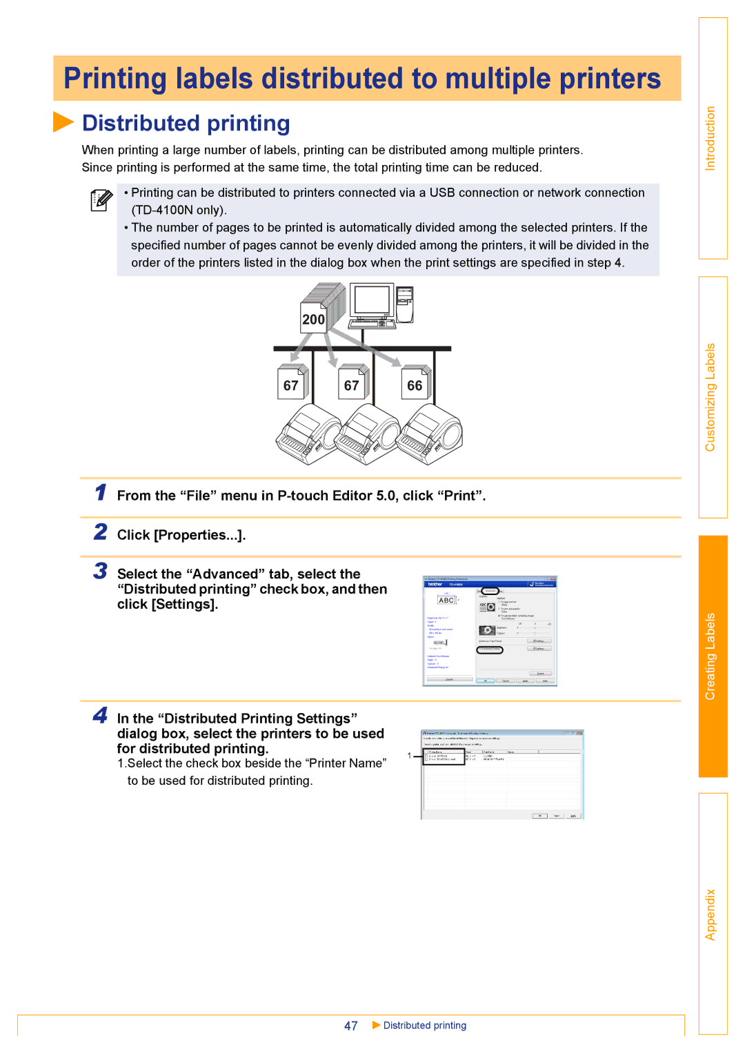 Brother TD-4000 appendix Printing labels distributed to multiple printers, Distributed printing 