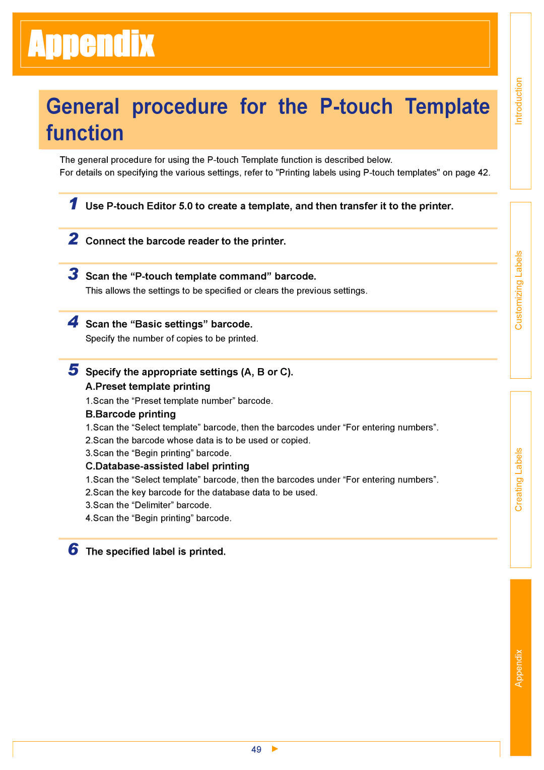 Brother TD-4000 General procedure for the P-touch Template function, Scan the Basic settings barcode, Barcode printing 