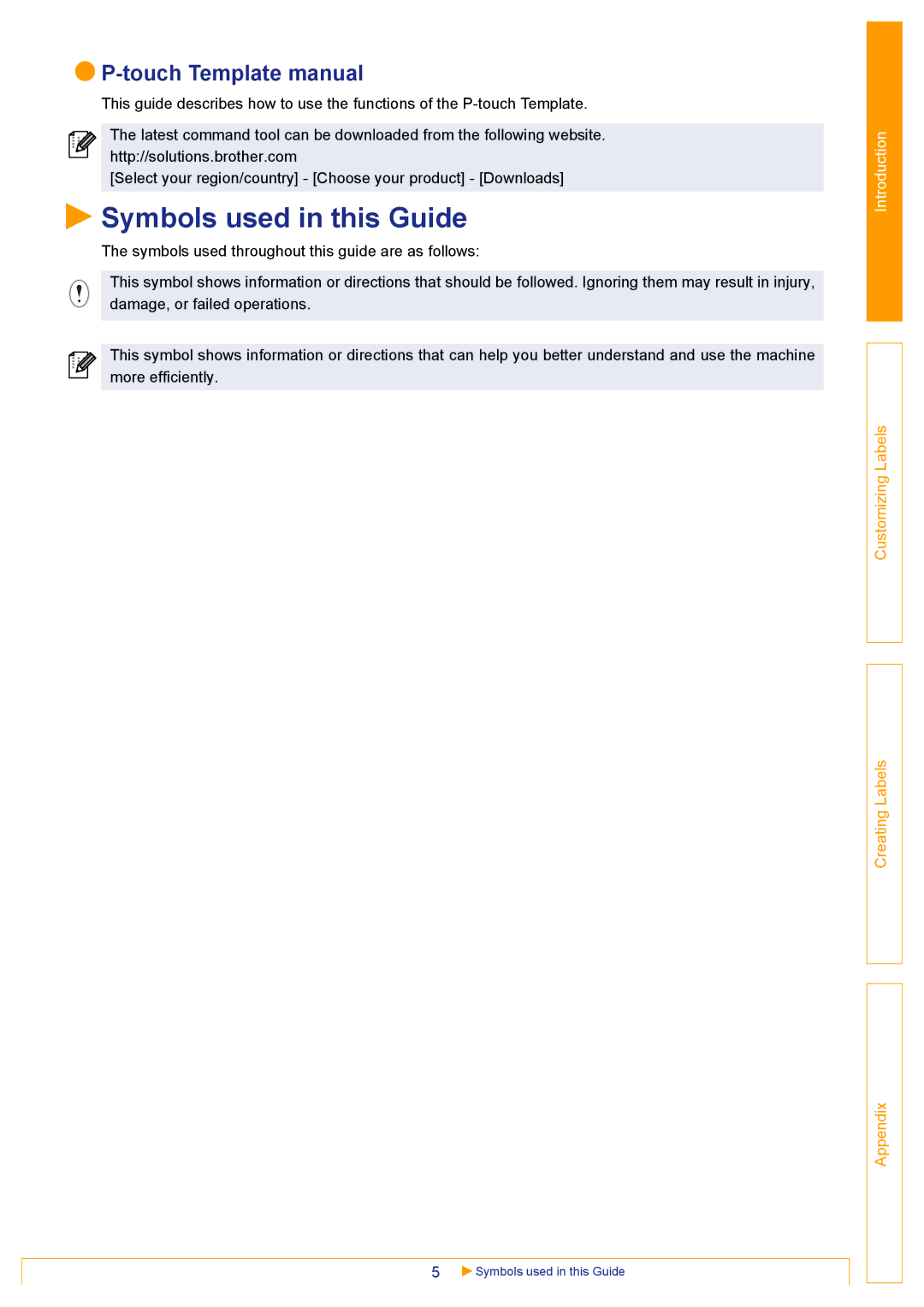 Brother TD-4000 appendix Symbols used in this Guide, Touch Template manual 