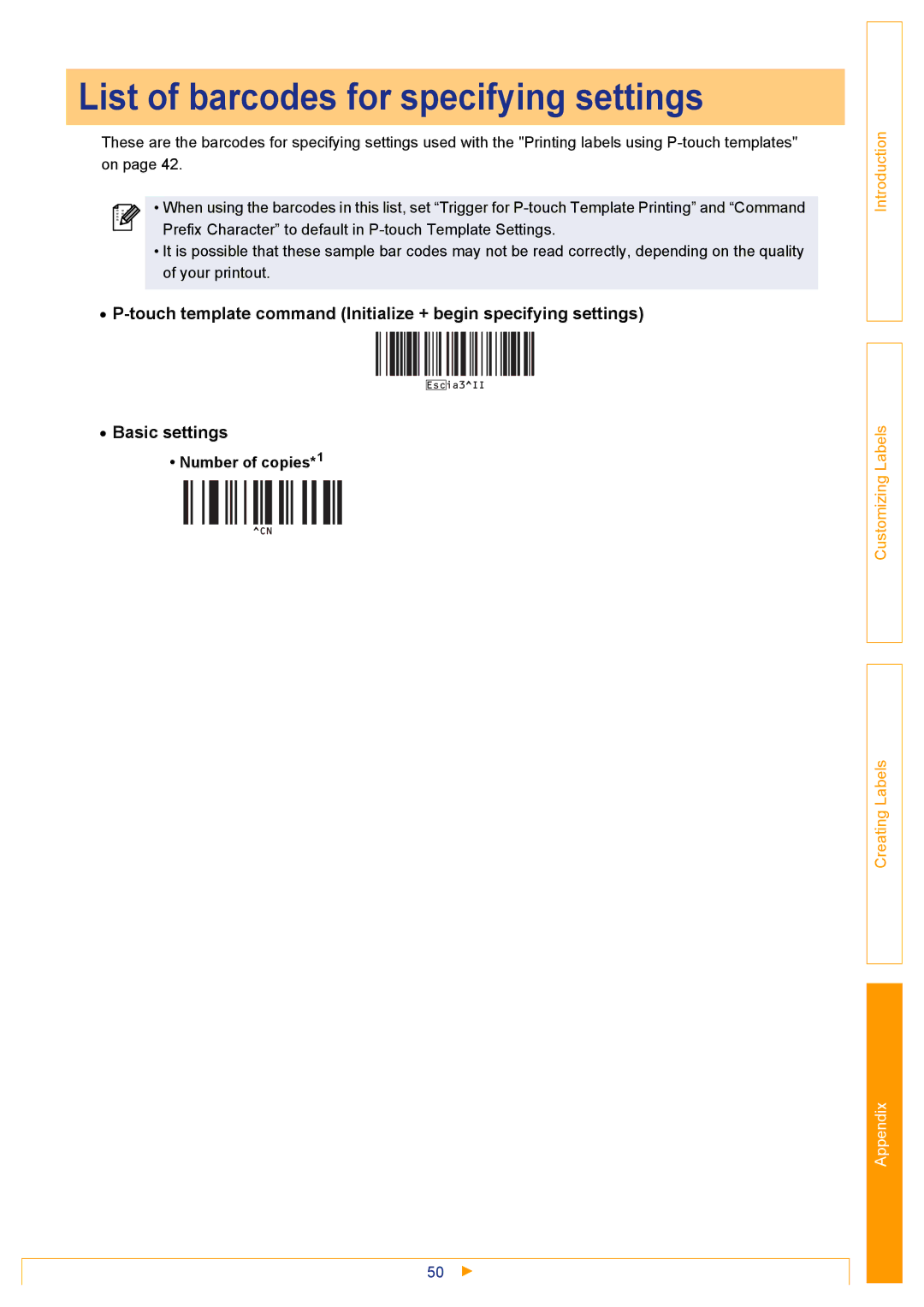 Brother TD-4000 appendix List of barcodes for specifying settings, Basic settings 