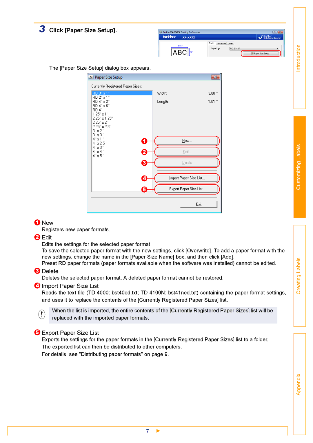 Brother TD-4000 appendix Click Paper Size Setup, Edit 