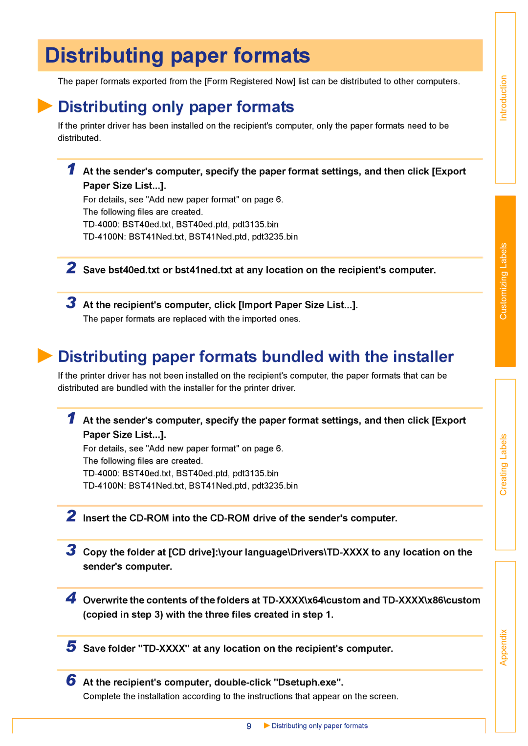 Brother TD-4000 appendix Distributing only paper formats 