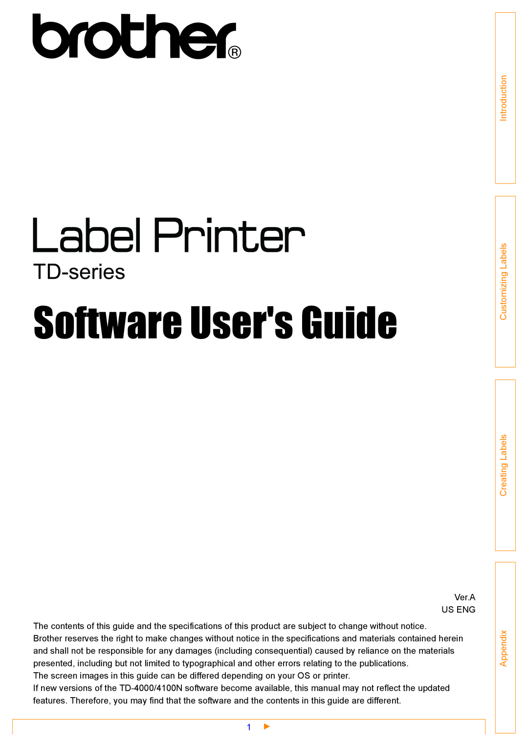 Brother TD-4000 appendix Software Users Guide, TD-series, Introduction Customizing Labels Creating Labels Appendix 