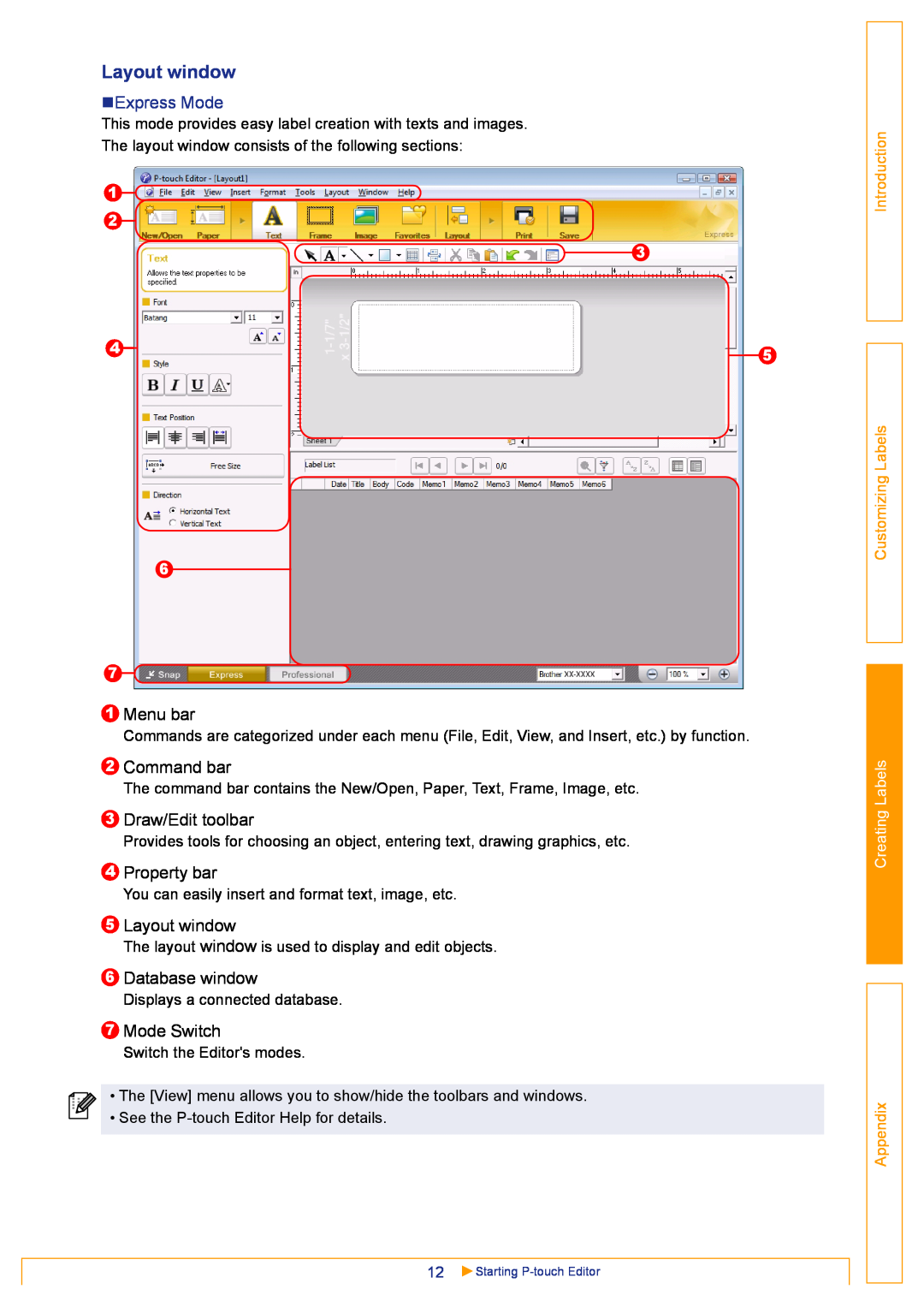 Brother TD-4000 Layout window, „Express Mode, Menu bar, Command bar, Draw/Edit toolbar, Property bar, Database window 