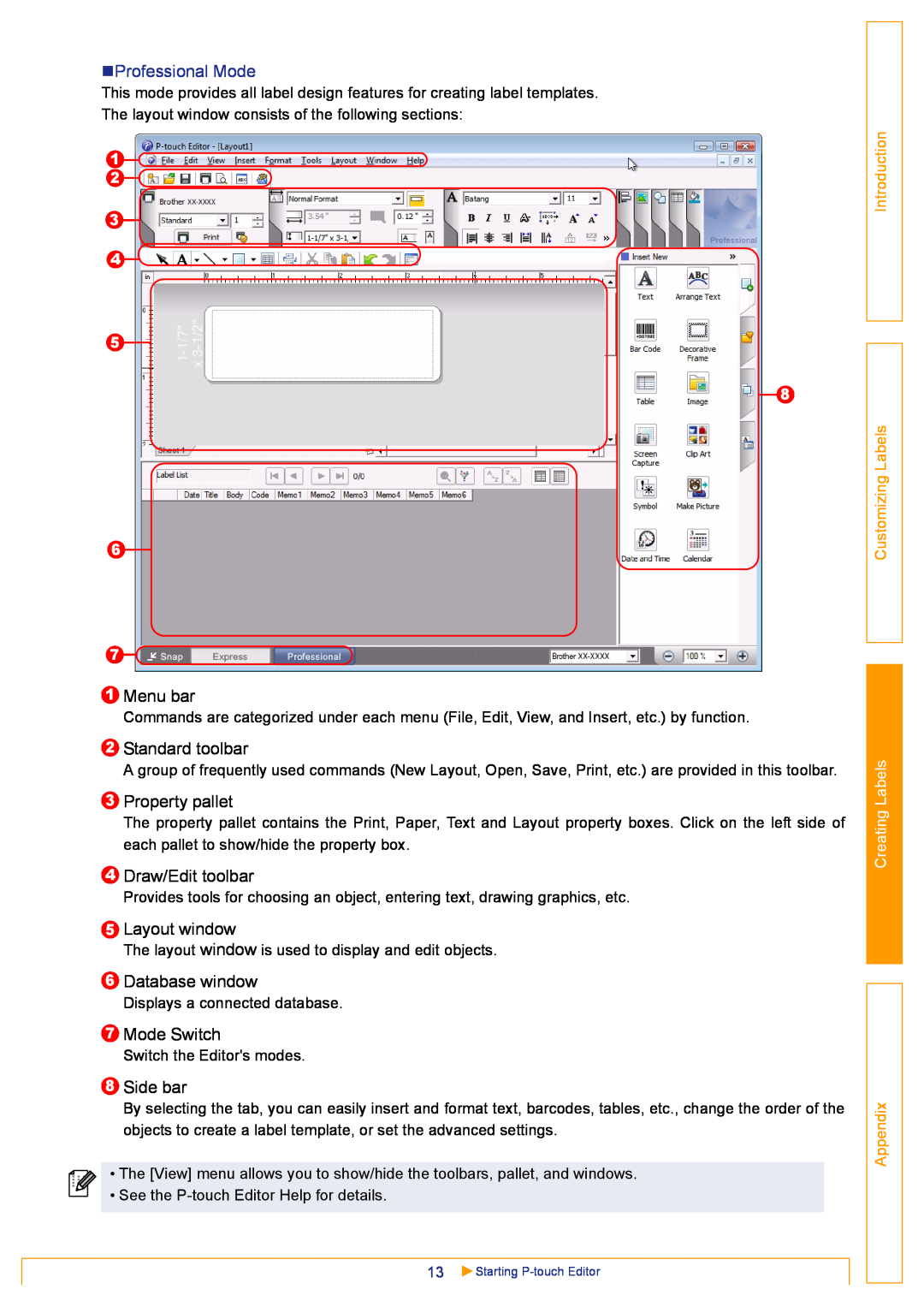 Brother TD-4000 appendix „Professional Mode, Menu bar, Standard toolbar, Property pallet, Draw/Edit toolbar, Layout window 