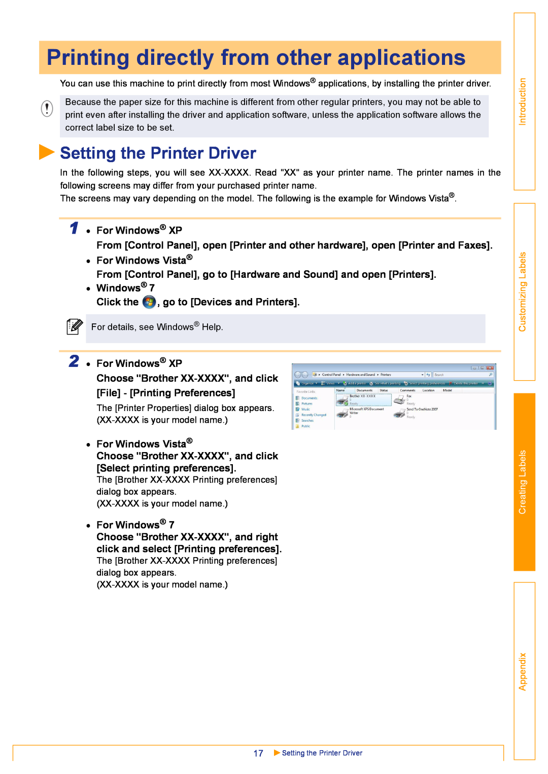Brother TD-4000 Printing directly from other applications, Setting the Printer Driver, For Windows XP, For Windows Vista 