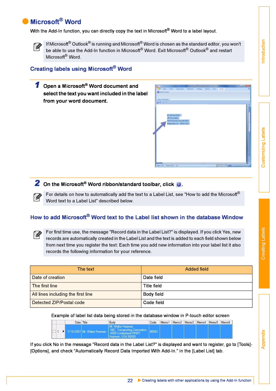 Brother TD-4000 Creating labels using Microsoft Word, On the Microsoft Word ribbon/standard toolbar, click, Appendix 