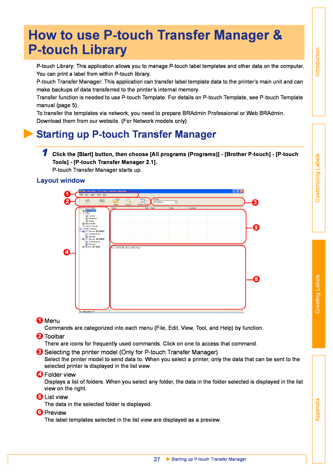 Brother TD-4000 How to use P-touch Transfer Manager & P-touch Library, Starting up P-touch Transfer Manager, Layout window 