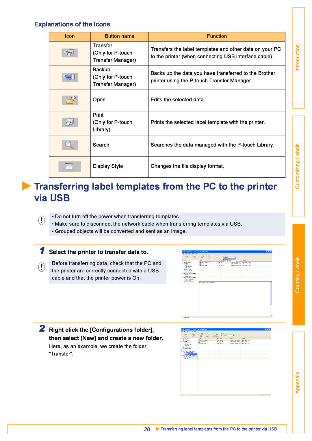 Brother TD-4000 Transferring label templates from the PC to the printer via USB, Explanations of the Icons, Appendix 