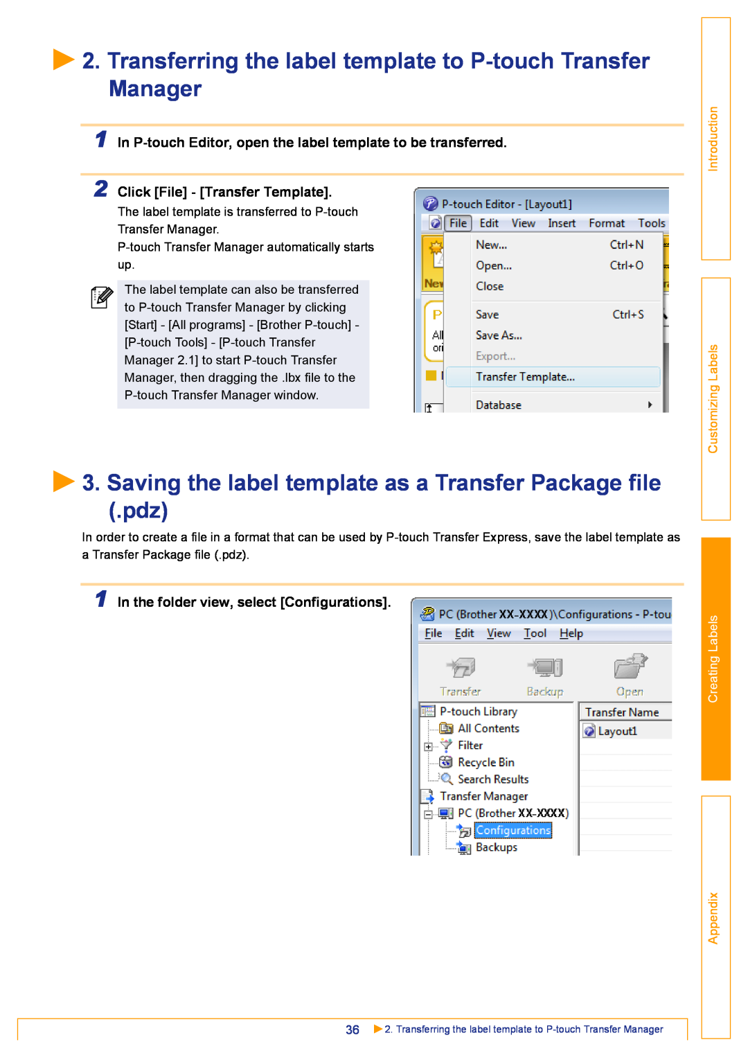 Brother TD-4000 Transferring the label template to P-touch Transfer Manager, Click File - Transfer Template, Appendix 