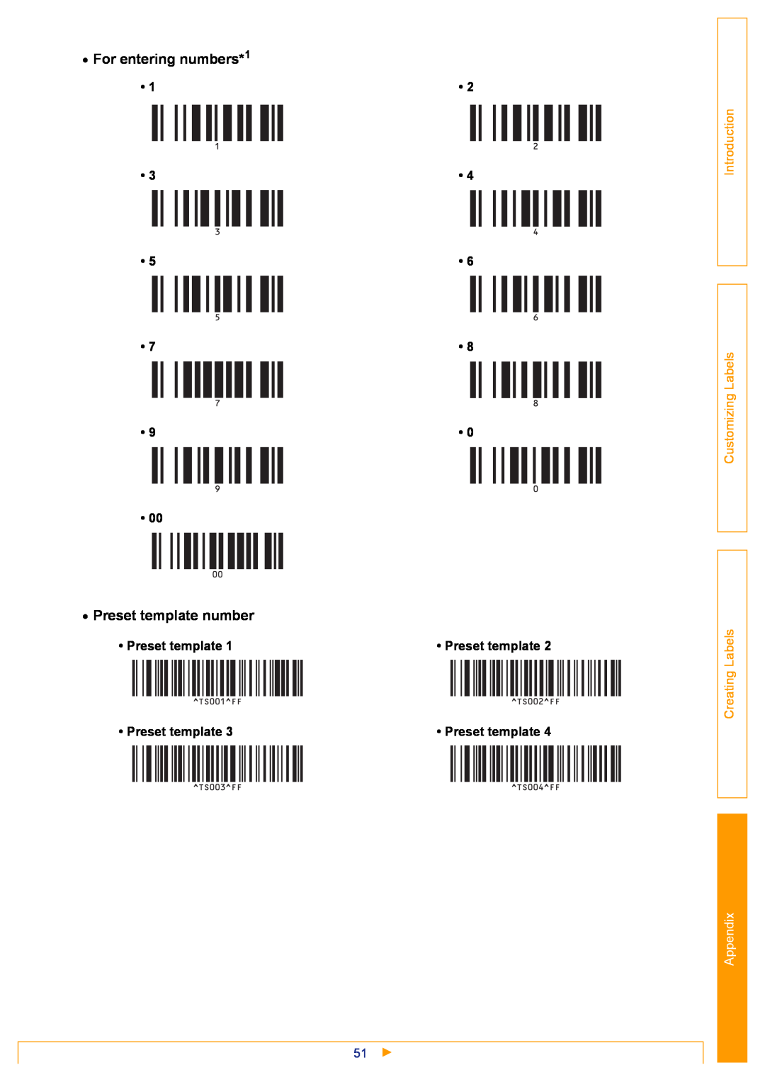Brother TD-4000 For entering numbers*1, Preset template number, Introduction Customizing Labels Creating Labels, Appendix 