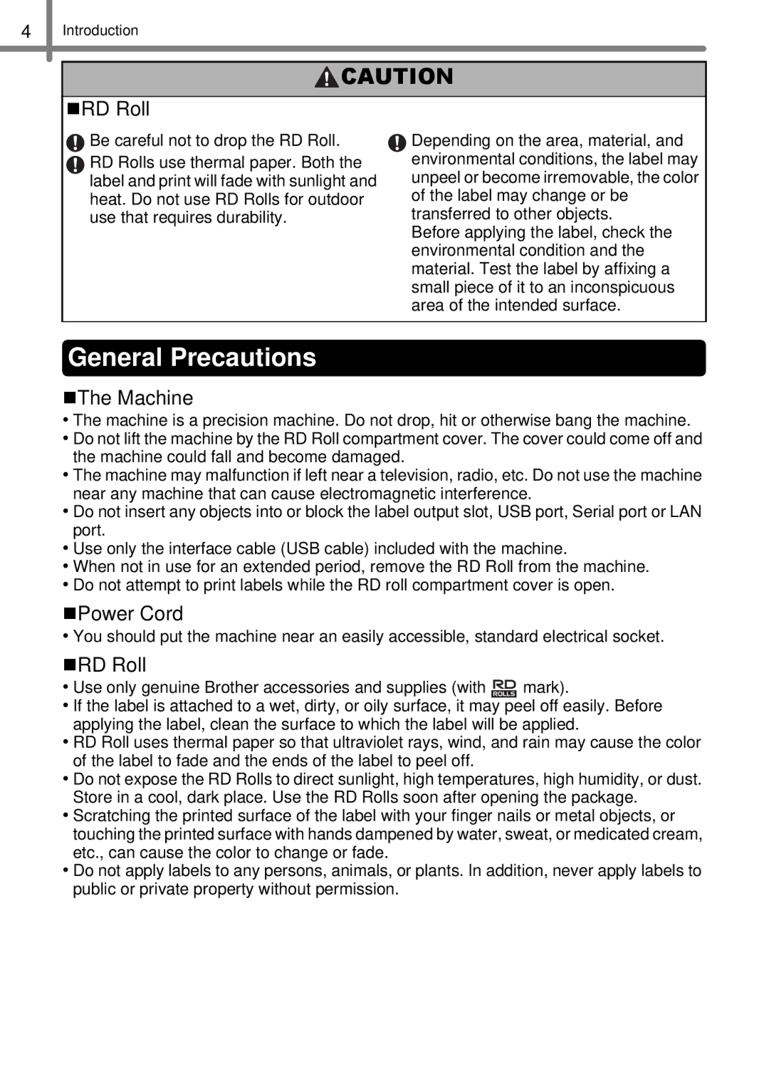 Brother TD4000, TD4100N manual General Precautions, „RD Roll 