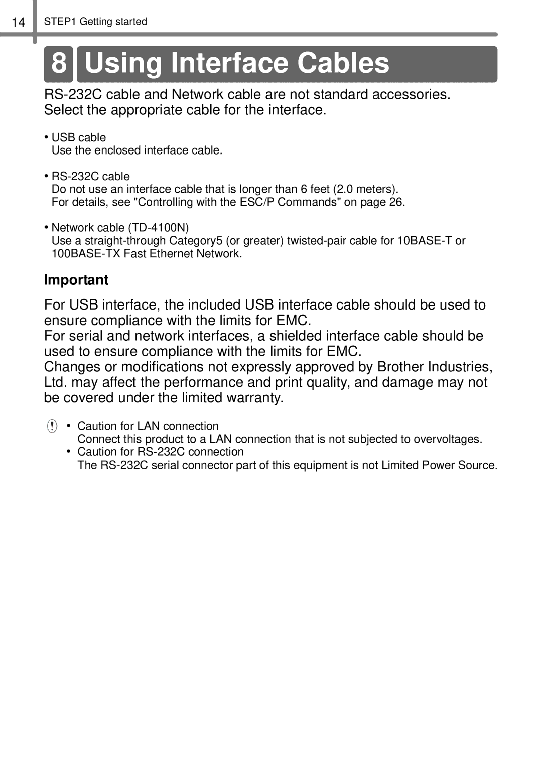 Brother TD4000, TD4100N manual Using Interface Cables, USB cable Use the enclosed interface cable RS-232C cable 