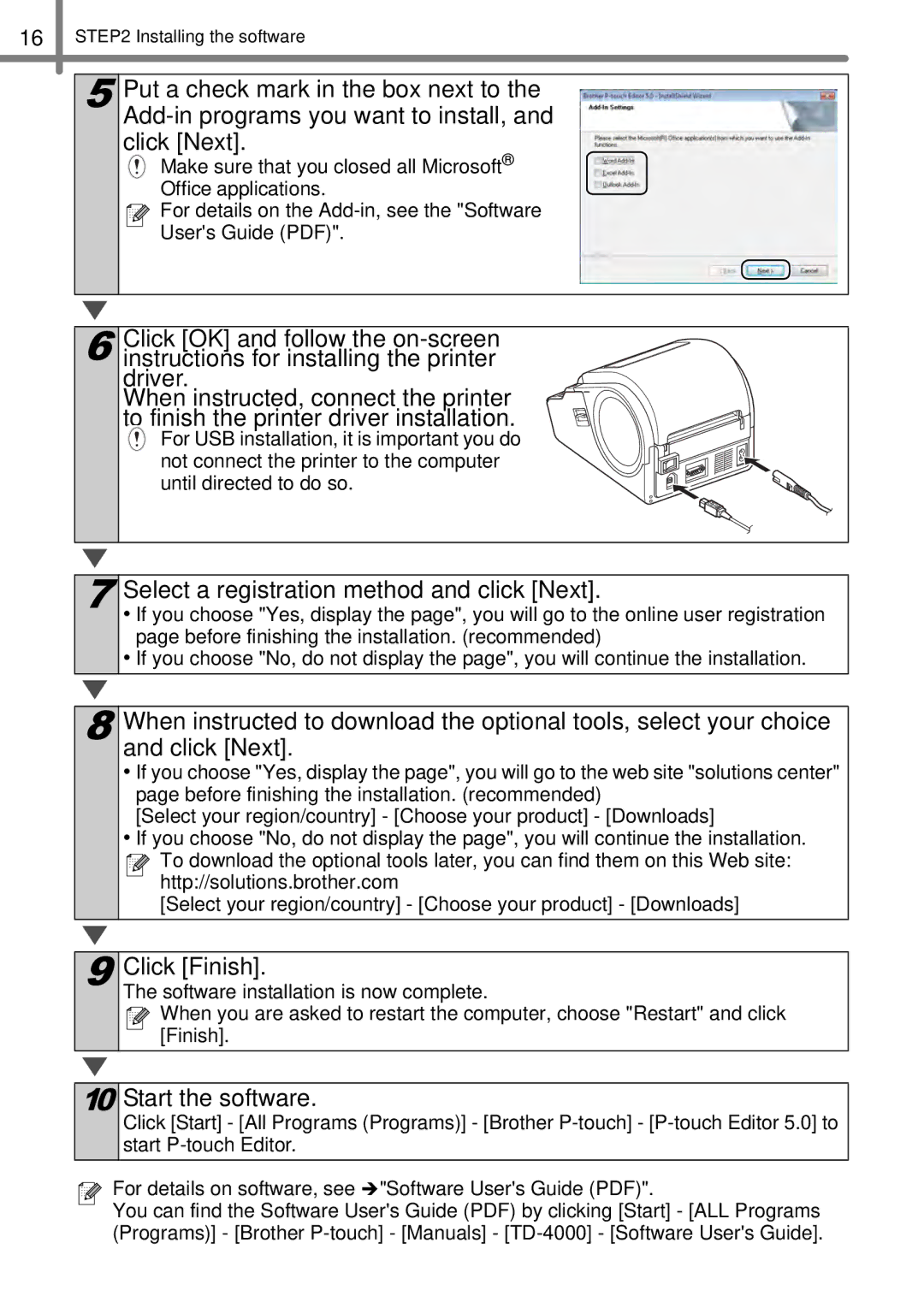 Brother TD4000, TD4100N manual Select a registration method and click Next, Click Finish, Start the software 