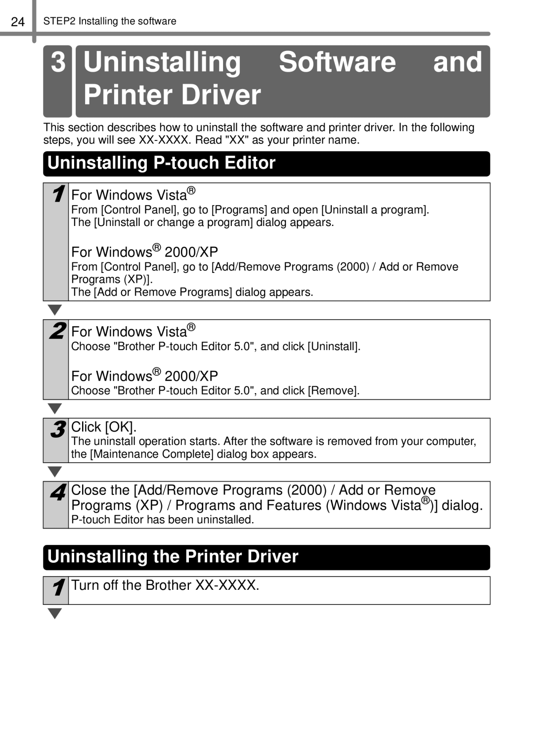 Brother TD4000 Uninstalling Software and Printer Driver, Uninstalling P-touch Editor, Uninstalling the Printer Driver 