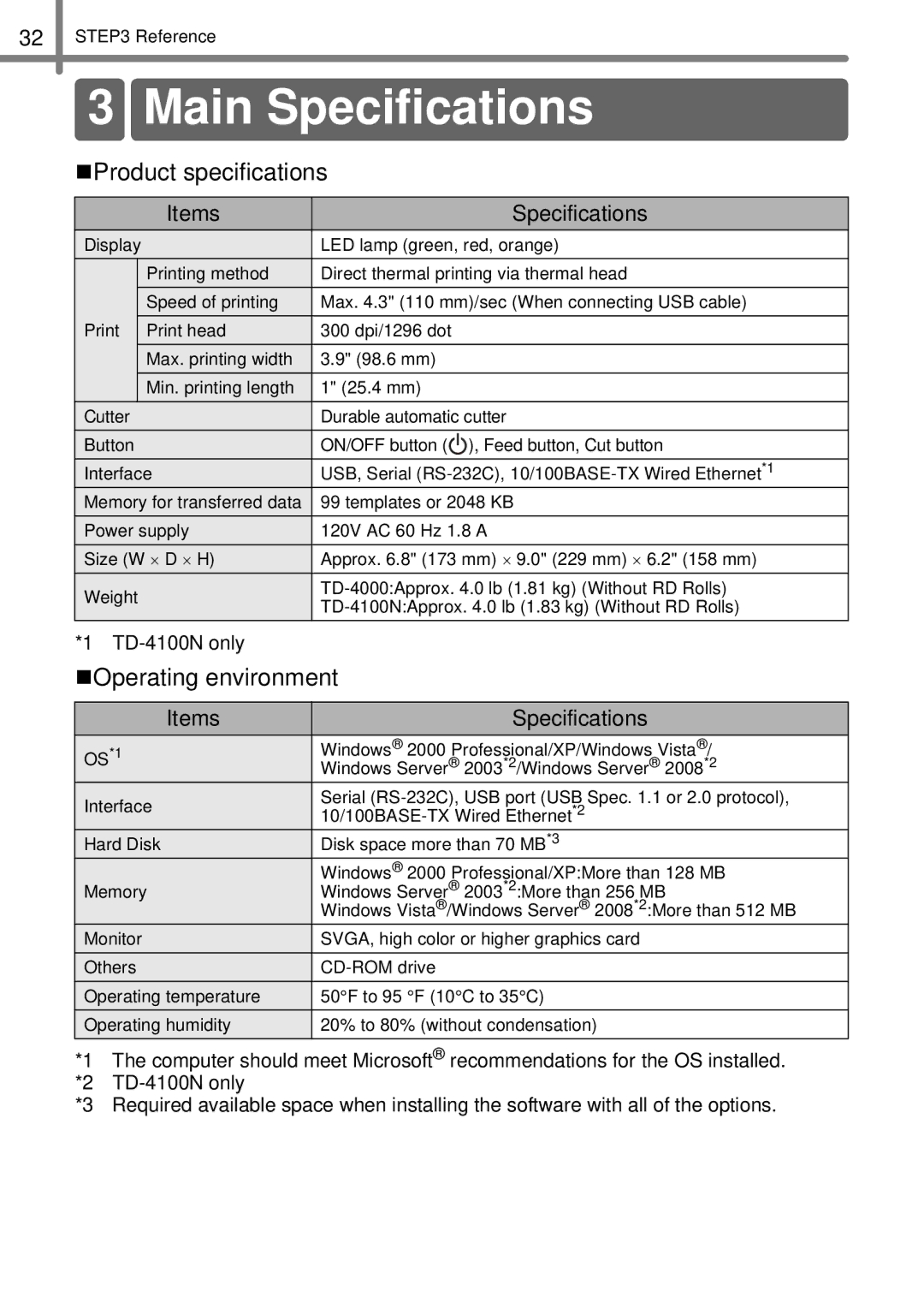 Brother TD4000, TD4100N manual Main Specifications, „Product specifications, „Operating environment 