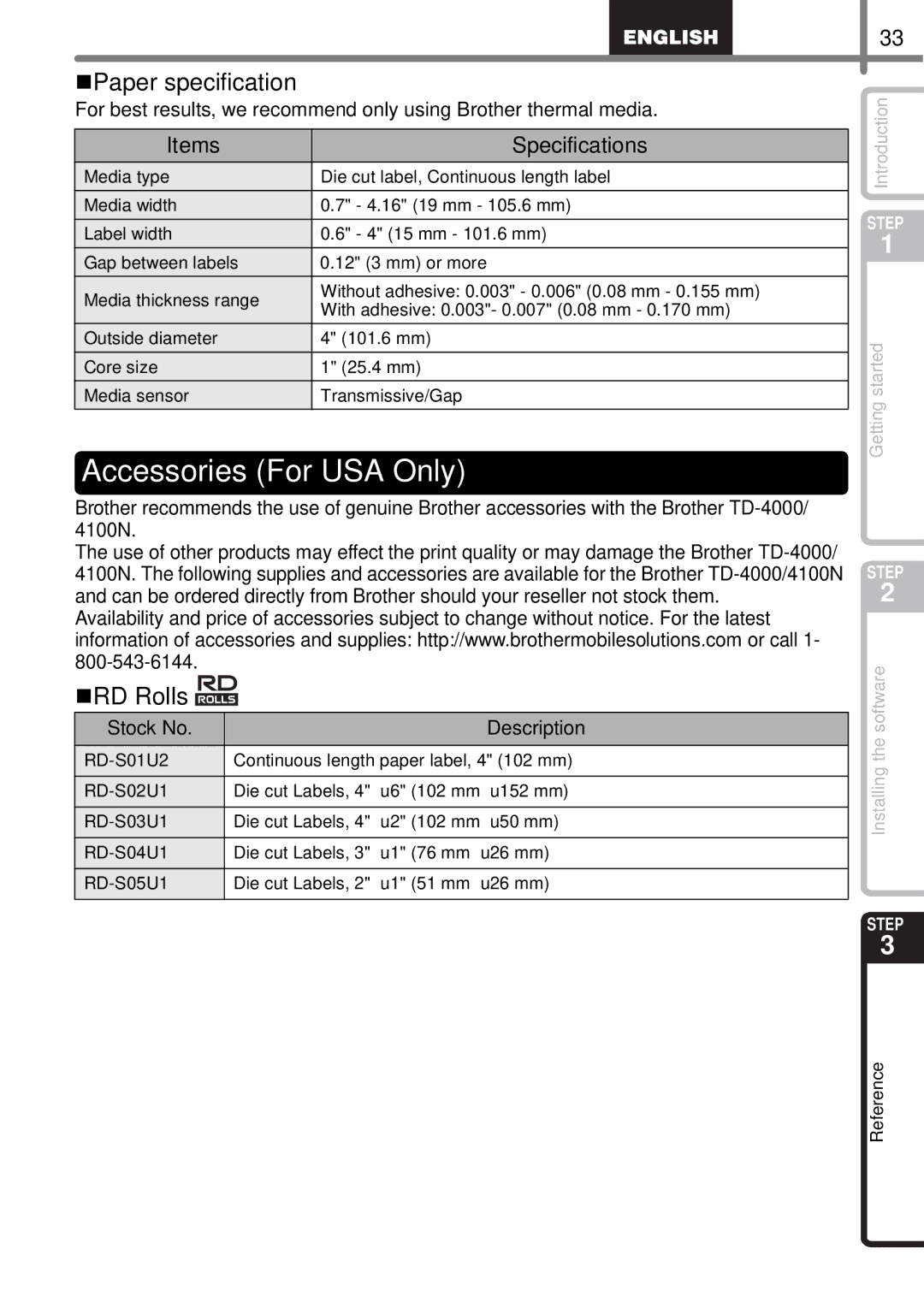 Brother TD4100N, TD4000 manual Accessories For USA Only, „Paper specification, „RD Rolls 