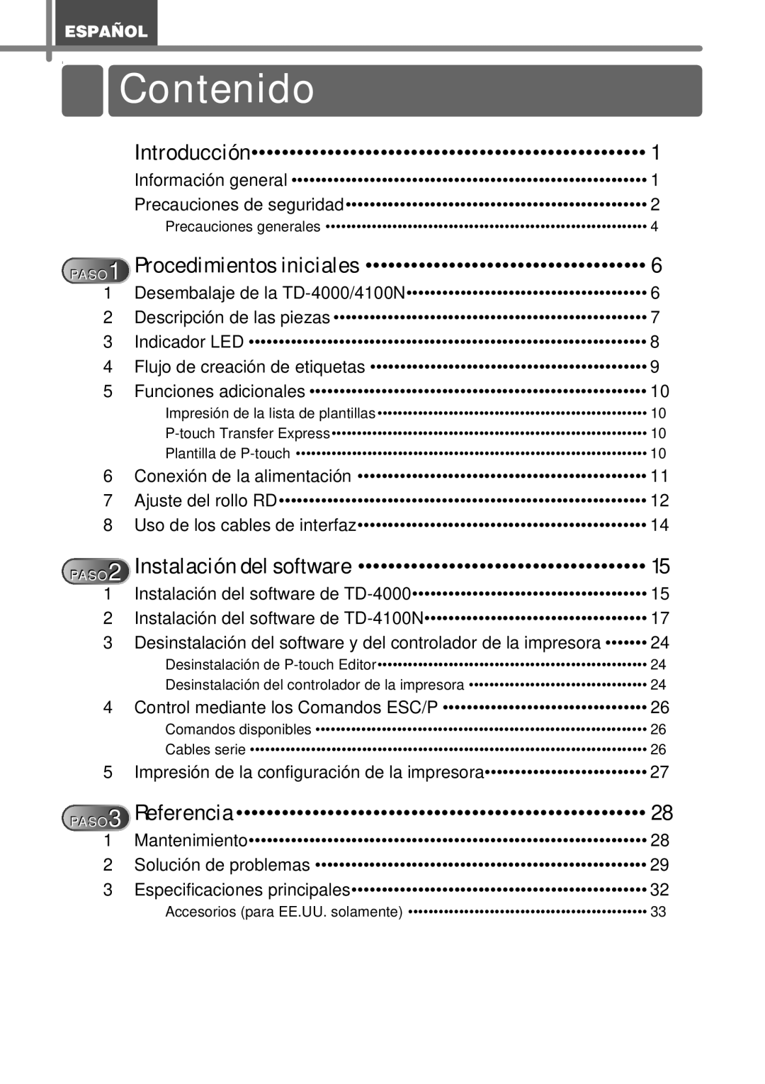 Brother TD4000, TD4100N manual Contenido, Procedimientos iniciales 