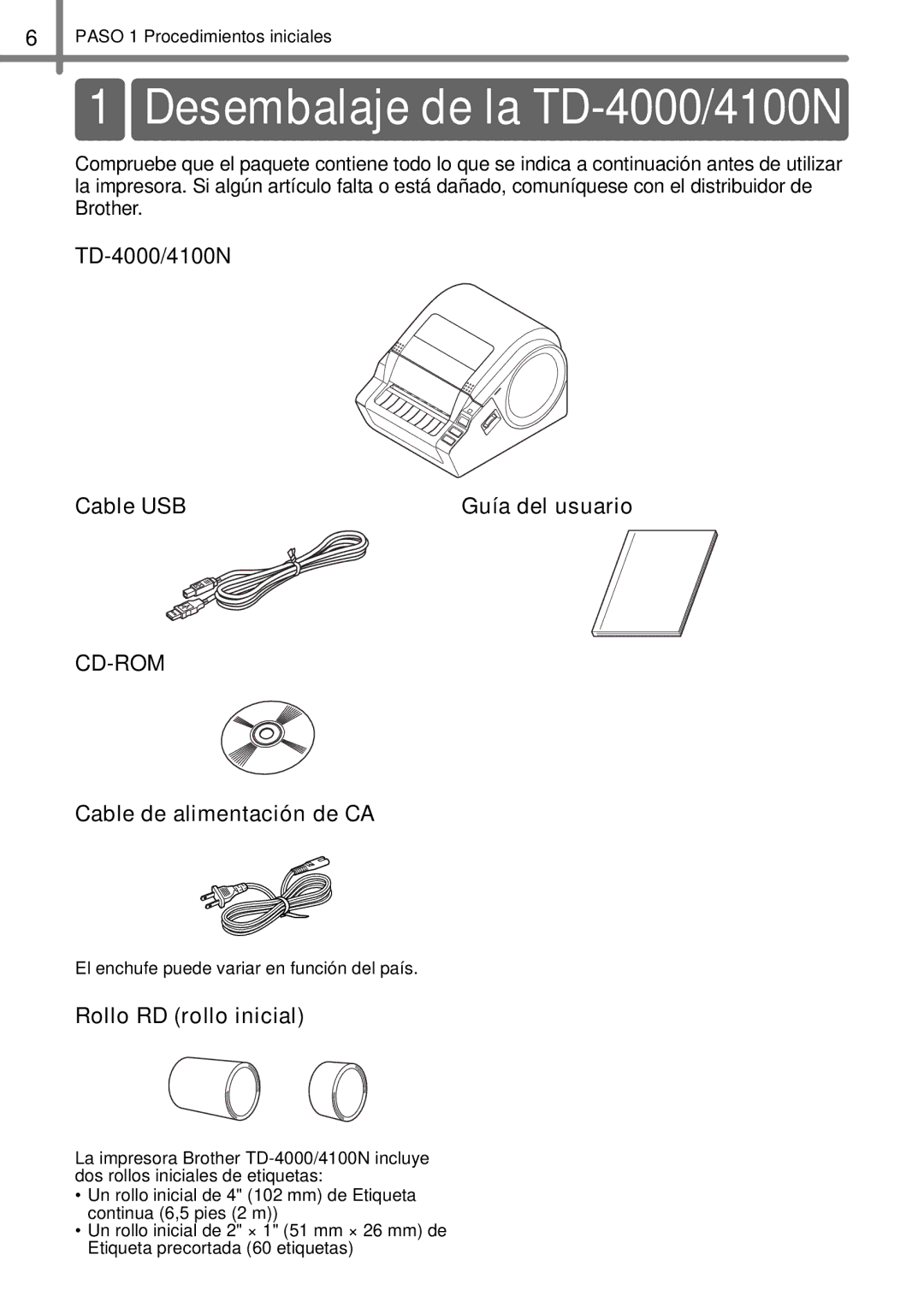 Brother TD4000, TD4100N manual Desembalaje de la TD-4000/4100N, Guía del usuario 