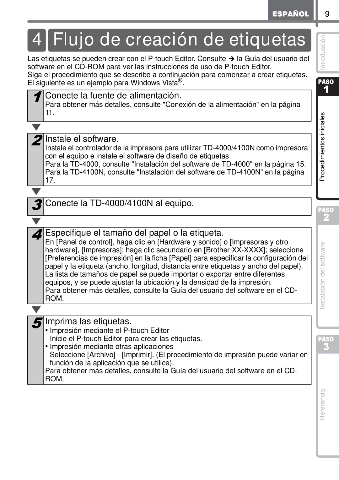 Brother TD4100N, TD4000 manual Flujo de creación de etiquetas, Conecte la fuente de alimentación, Instale el software 