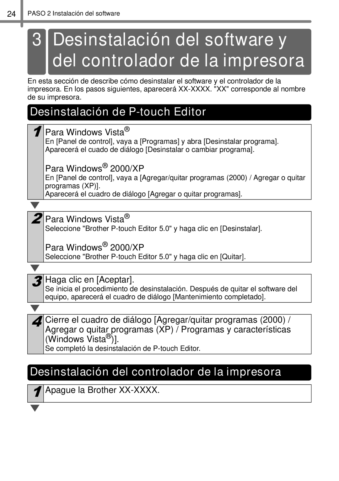 Brother TD4000, TD4100N manual Desinstalación de P-touch Editor, Desinstalación del controlador de la impresora 