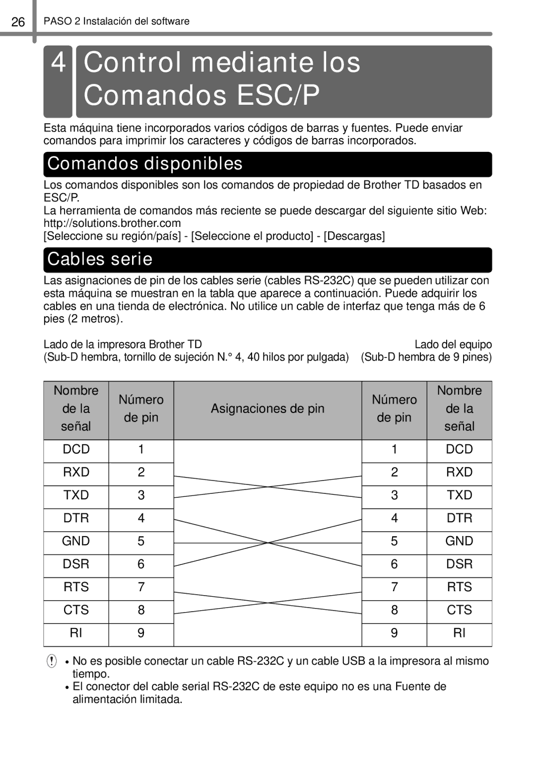 Brother TD4000, TD4100N manual Control mediante los Comandos ESC/P, Comandos disponibles, Cables serie 