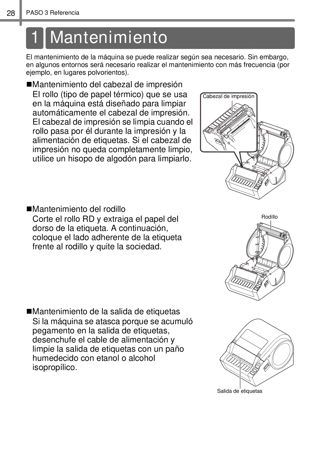 Brother TD4000, TD4100N manual Mantenimiento, Corte el rollo RD y extraiga el papel del 