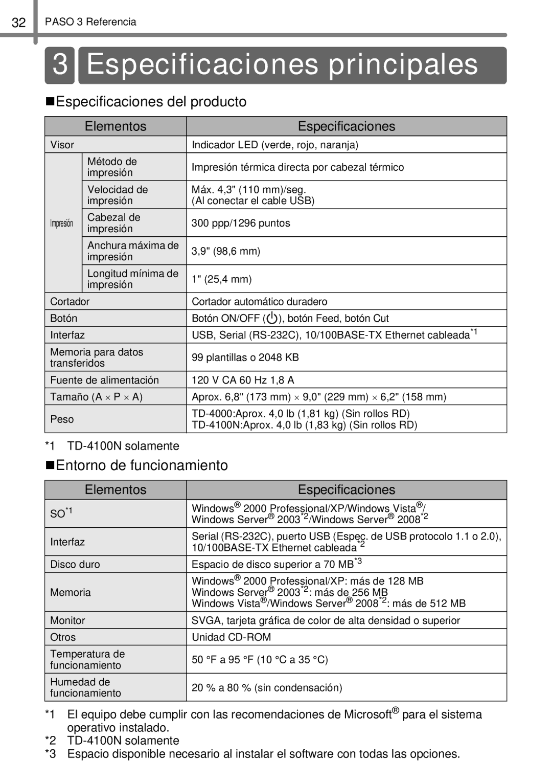 Brother TD4000, TD4100N manual Especificaciones principales, „Especificaciones del producto, „Entorno de funcionamiento 