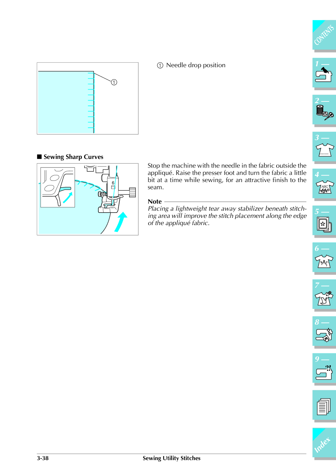 Brother ULT 2003D manual Sewing Sharp Curves, Needle drop position 