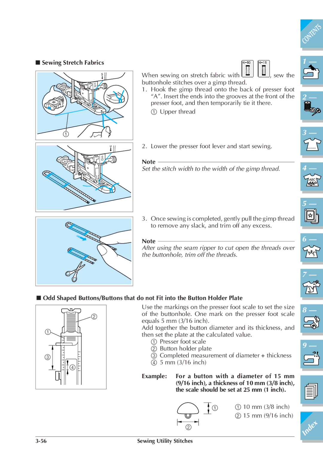 Brother ULT 2003D manual Sewing Stretch Fabrics, Set the stitch width to the width of the gimp thread 