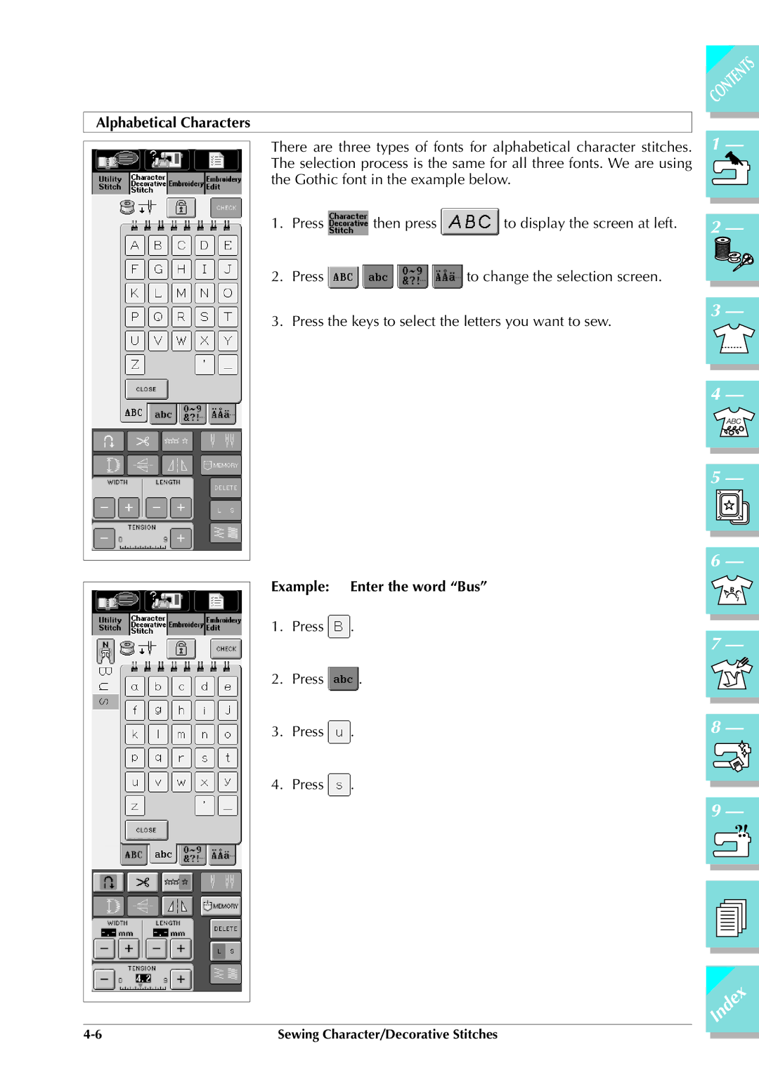 Brother ULT 2003D manual Alphabetical Characters, Example Enter the word Bus 