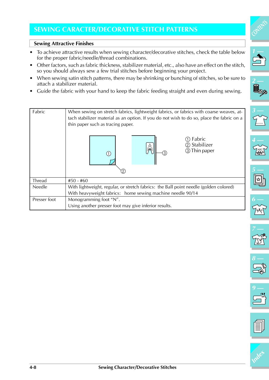 Brother ULT 2003D manual Sewing CARACTER/DECORATIVE Stitch Patterns, Sewing Attractive Finishes 