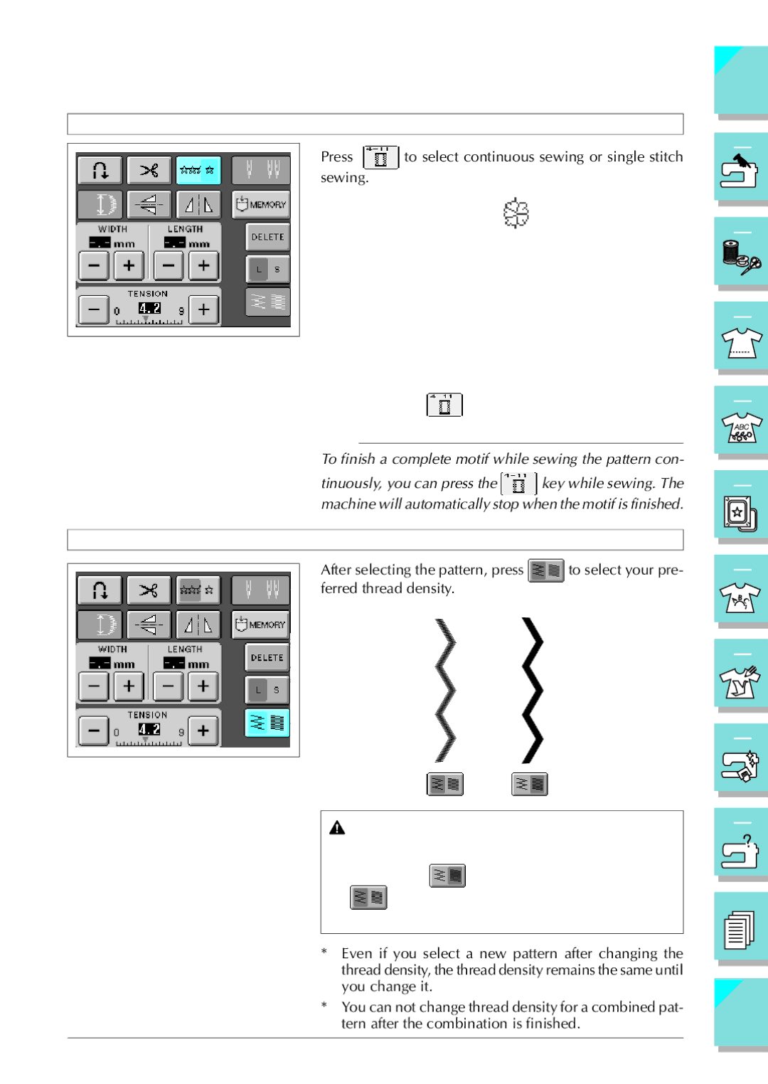 Brother ULT 2003D manual Sewing Pattern Continuously, Changing Thread Density Only for Satin Stitch Patterns 