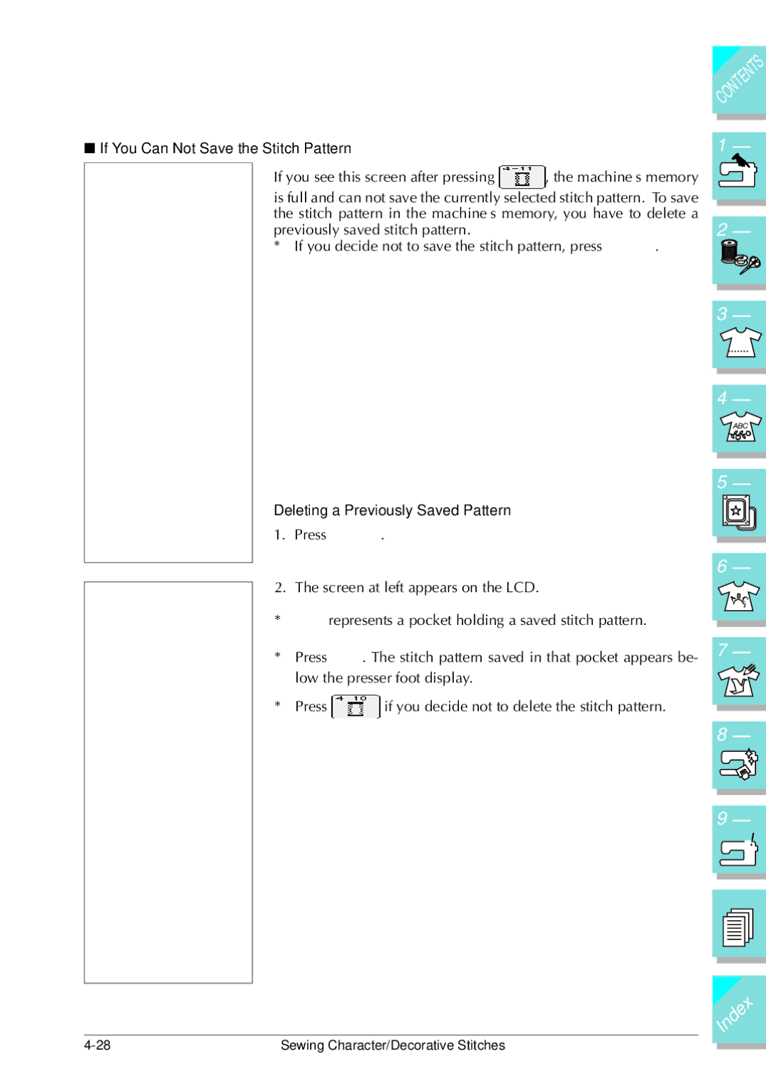 Brother ULT 2003D manual If You Can Not Save the Stitch Pattern, Deleting a Previously Saved Pattern 