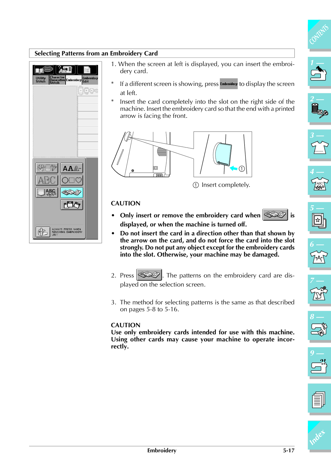 Brother ULT 2003D manual Selecting Patterns from an Embroidery Card 