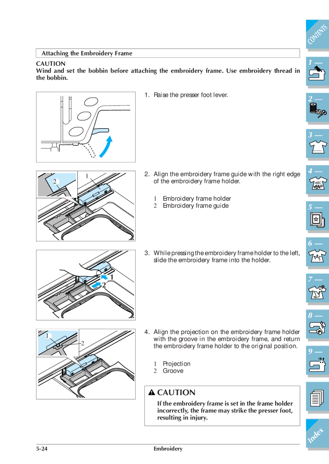 Brother ULT 2003D manual Align the embroidery frame guide with the right edge 