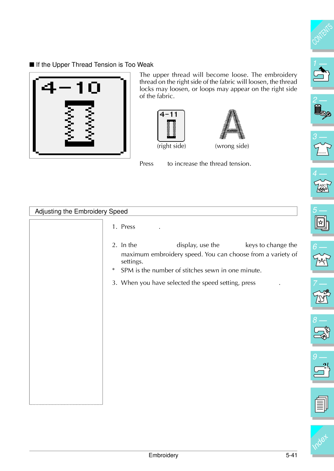 Brother ULT 2003D manual If the Upper Thread Tension is Too Weak, Adjusting the Embroidery Speed 