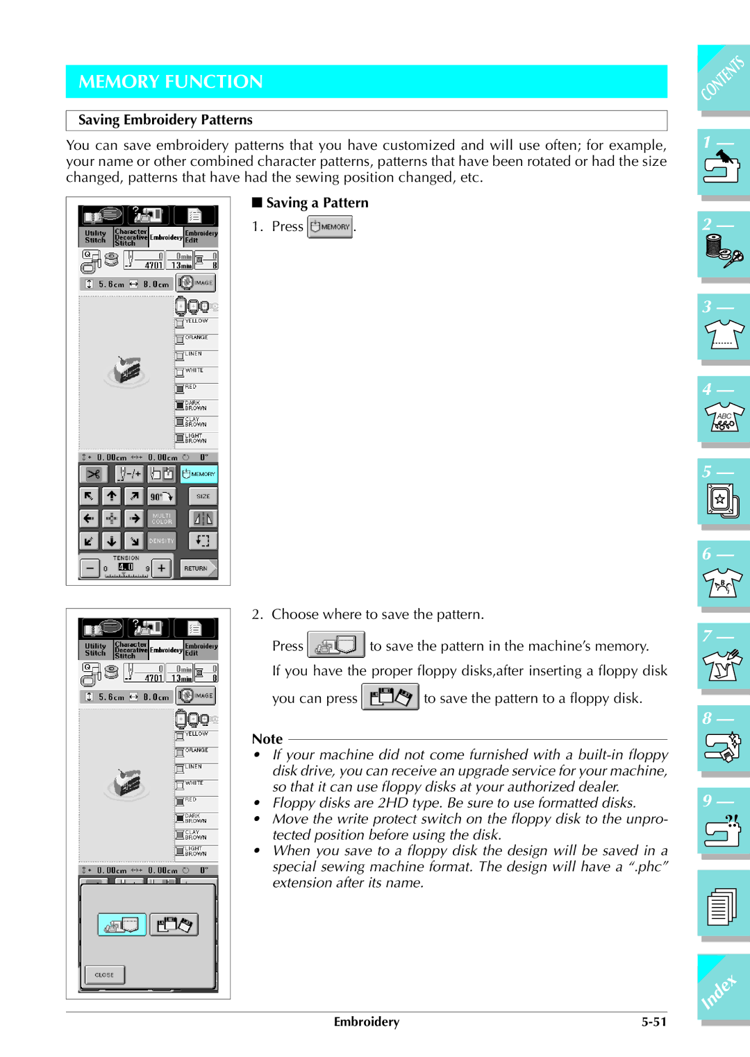 Brother ULT 2003D manual Memory Function, Saving Embroidery Patterns, Saving a Pattern 