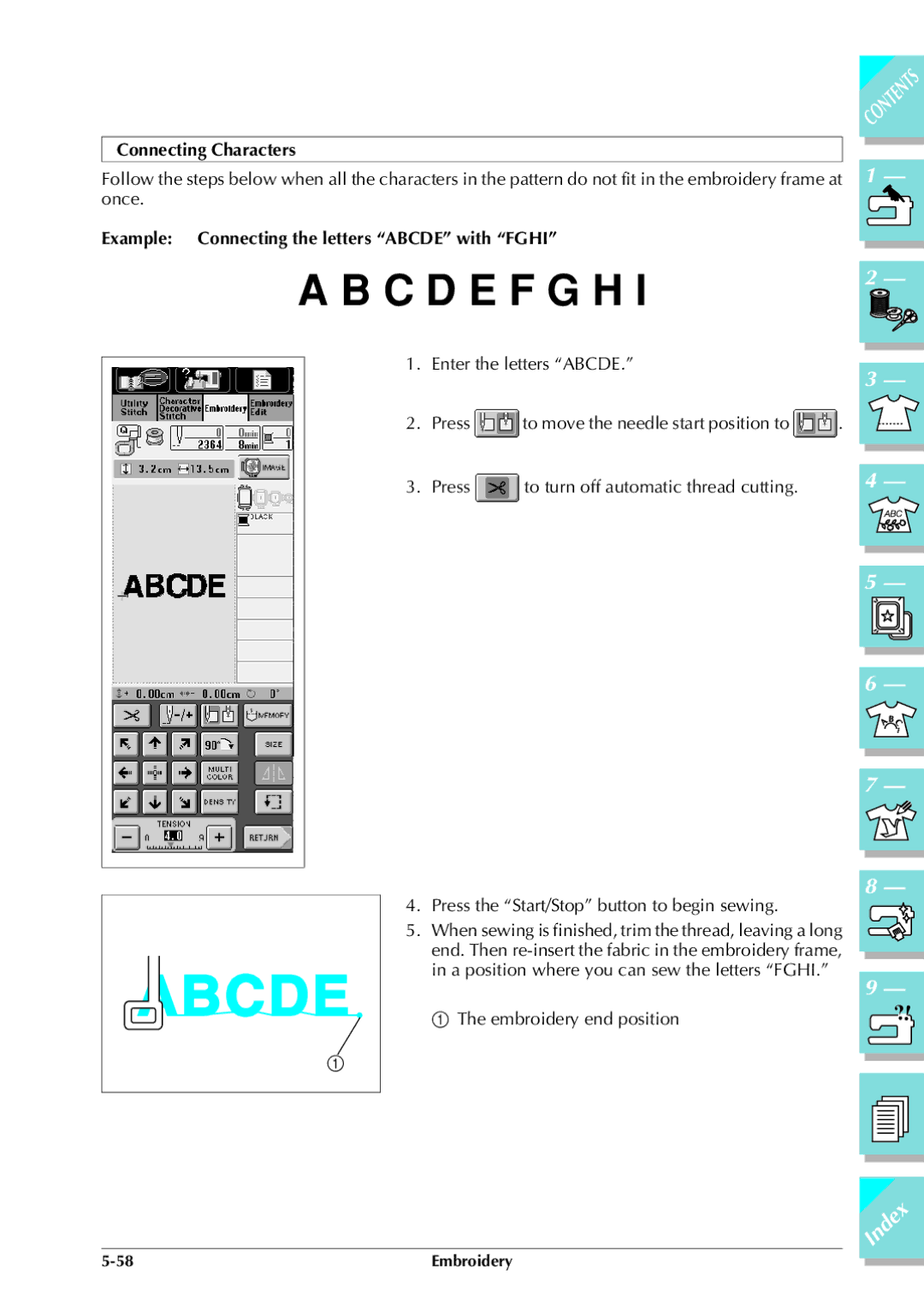 Brother ULT 2003D manual Connecting Characters, Example Connecting the letters Abcde with Fghi 