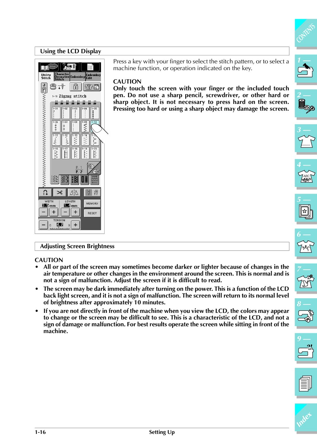 Brother ULT 2003D manual Using the LCD Display, Adjusting Screen Brightness 