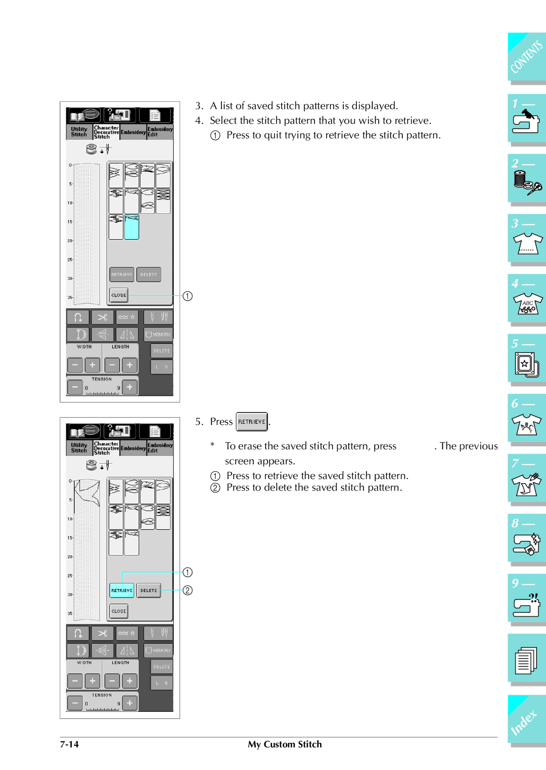 Brother ULT 2003D manual List of saved stitch patterns is displayed 