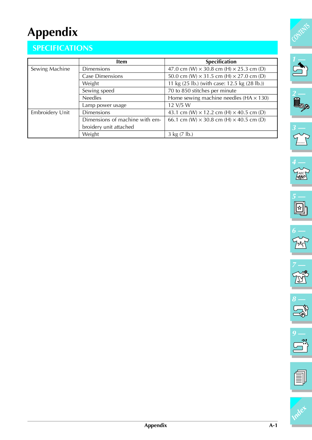 Brother ULT 2003D manual Appendix, Specifications 