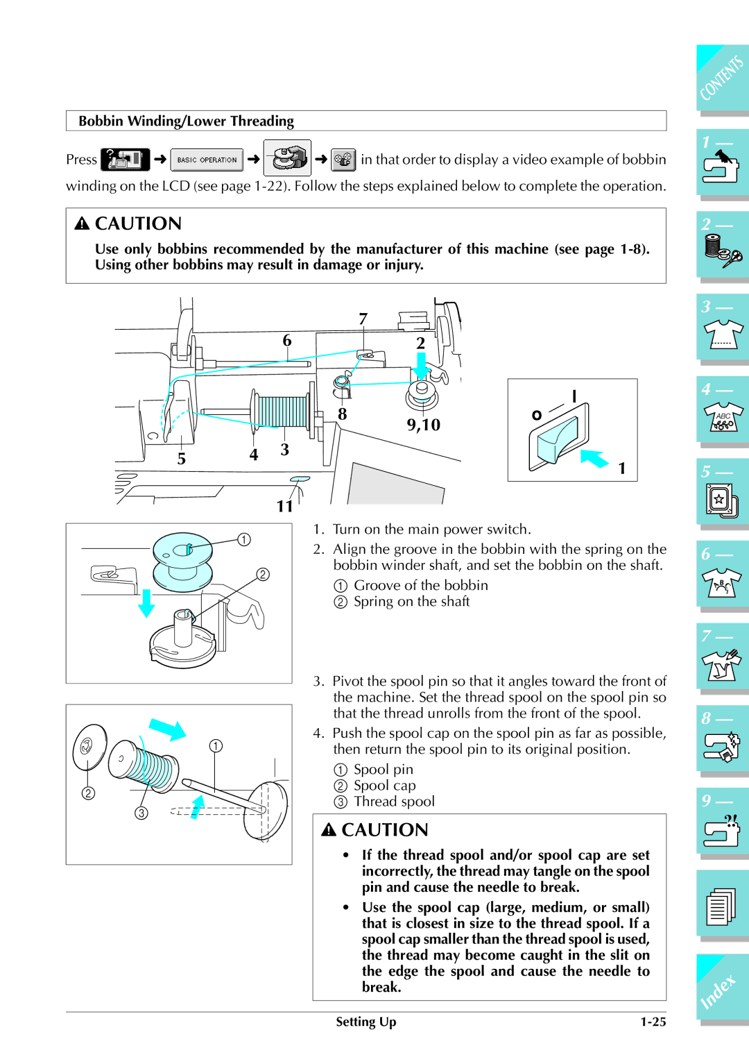 Brother ULT 2003D manual Bobbin Winding/Lower Threading, Spool pin Spool cap Thread spool 