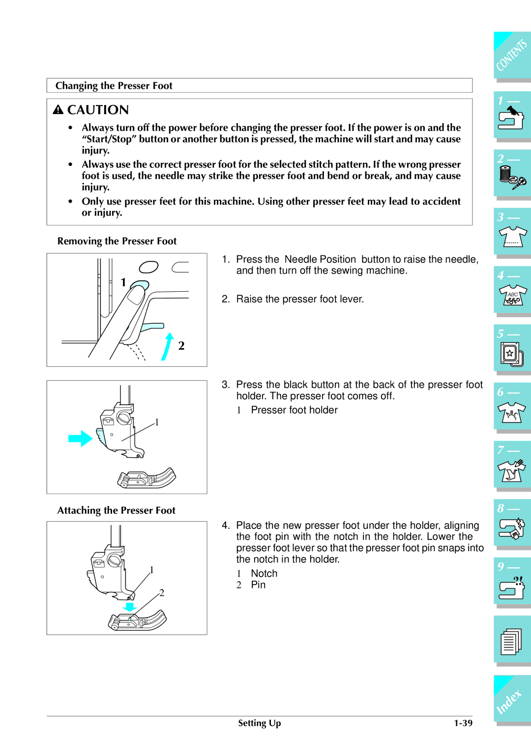 Brother ULT 2003D manual Removing the Presser Foot, Attaching the Presser Foot 