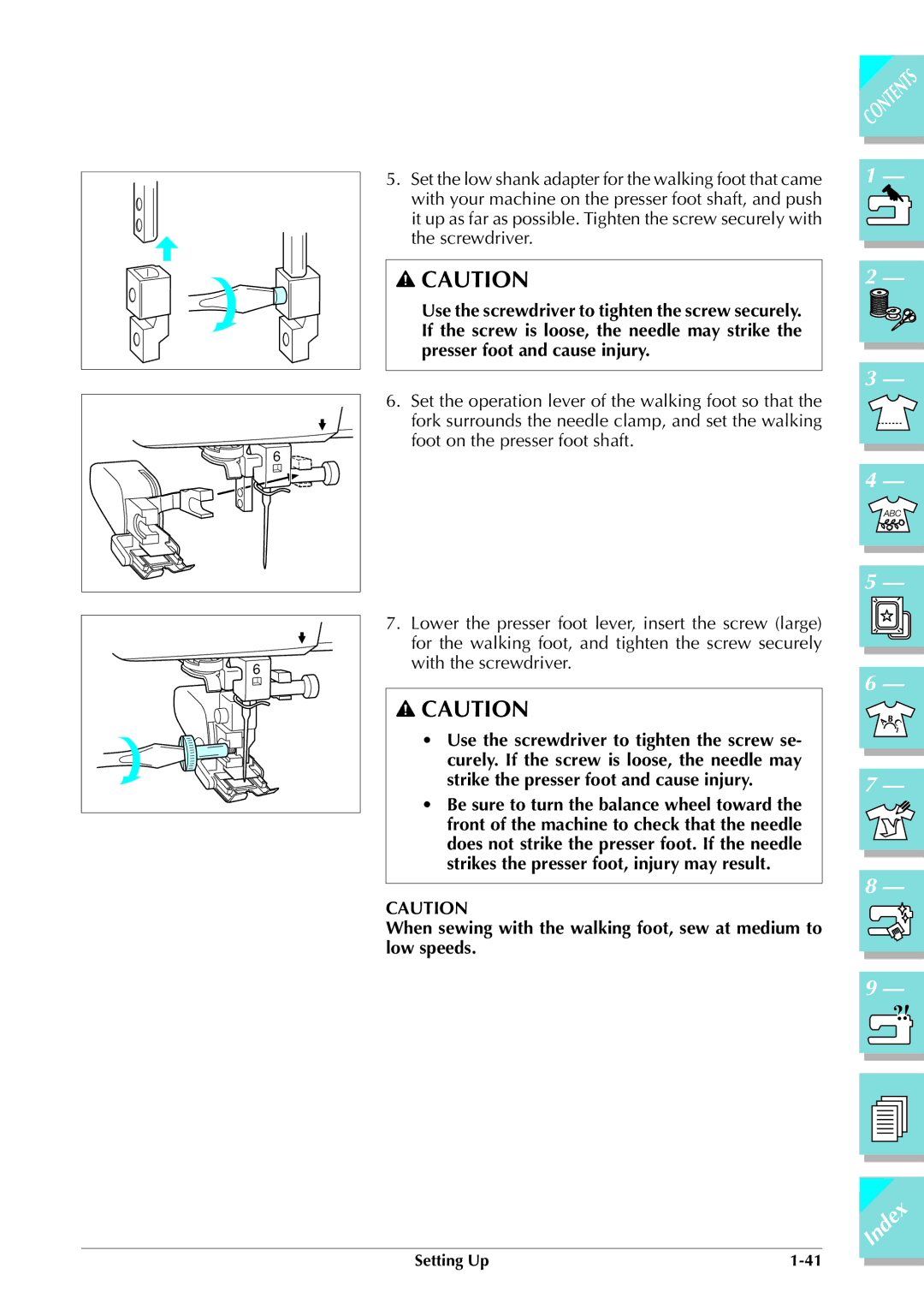 Brother ULT 2003D manual Lower the presser foot lever, insert the screw large 