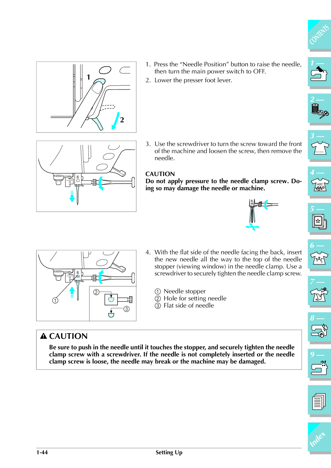 Brother ULT 2003D manual Needle stopper Hole for setting needle Flat side of needle 