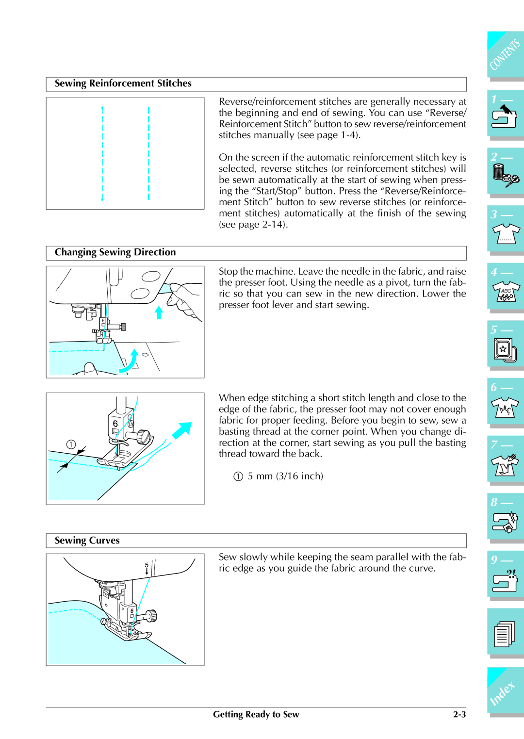 Brother ULT 2003D manual Sewing Reinforcement Stitches, Changing Sewing Direction, Sewing Curves 