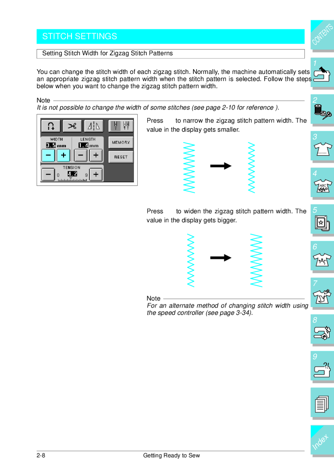 Brother ULT 2003D manual Stitch Settings, Setting Stitch Width for Zigzag Stitch Patterns 